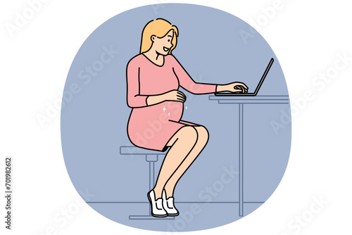 Young pregnant woman work online on laptop at home office. Smiling future mom freelance busy at computer. Pregnancy and business. Vector illustration.