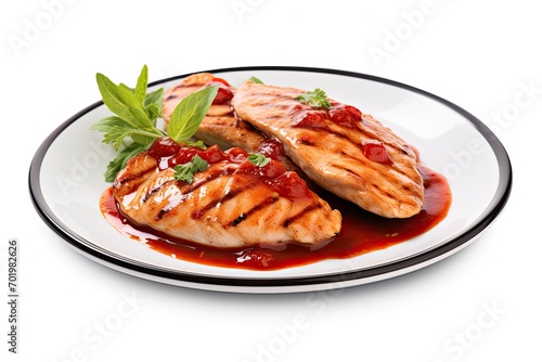Chicken fillet grilled with tomato sauce on white background