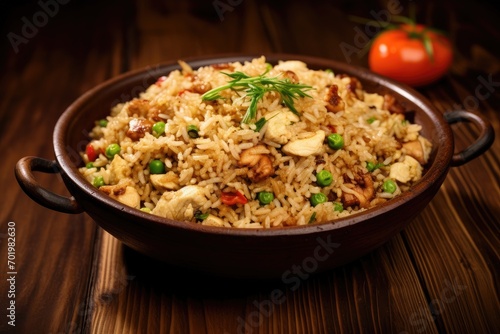Chicken fried rice Cooked and presented in a wok Wood backdrop Aerial view