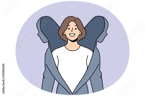 Smiling young woman coming from cover or shell get recovered from depression or mental disease. Happy reborn female after psychological trauma. Vector illustration.