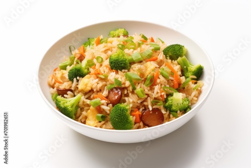 Chinese fried rice bowl with side dish on white background
