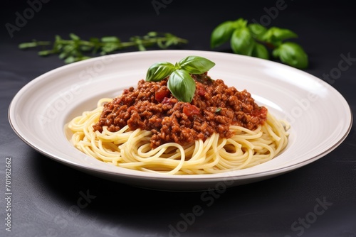 Classic Italian dish of Bolognese sauce on white plate with spaghetti on a grey background