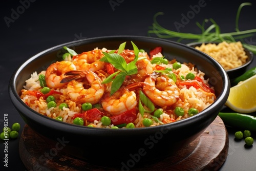 Close up black bowl with Asian fried jasmine rice with shrimps scrambled eggs spring onions and Thai sauce on dark concrete background copy space