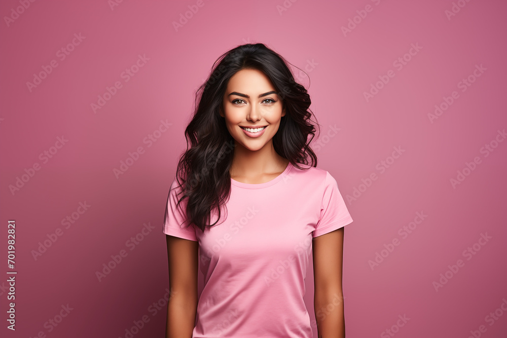 Portrait of woman with beaming smile, sporting pink t-shirt. voluminous, wavy hair complements gleeful demeanor, monochromatic pink backdrop. Portrait of woman with beaming smile, sporting pink t-shirt. voluminous, wavy hair complements gleeful demeanor, monochromatic pink backdrop.