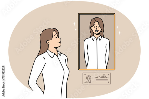 Happy young businesswoman look at picture of herself in frame hanging on wall. Smiling proud woman adore her photo. Pride and self-esteem. Vector illustration.