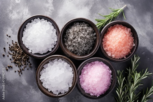 Assorted salts on concrete Various types sea Himalayan black pink powder rosemary Salt balls from Dead Sea Empty space Overhead view