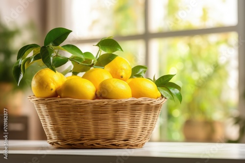 Basket of lemons on kitchen with lemon grove in background