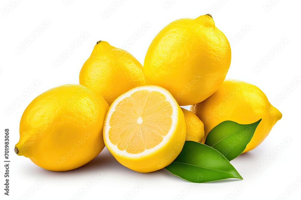 Bunch of ripe yellow lemons with a halved lemon isolated on a white background Bunch of ripe yellow lemons with a halved lemon isolated on a white background