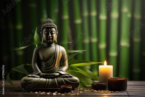 Buddha meditating with candle bamboo leaf and zen stones