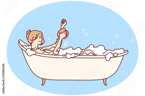 Young woman enjoys rubbing hand with washcloth bathing and relaxing after hard day at work. Optimistic girl lies in bath among foam and soap bubbles and smiles. Flat vector design