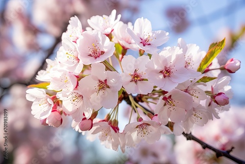 Cherry flowers on a branch fading to white with shallow depth of field Focus on center cluster