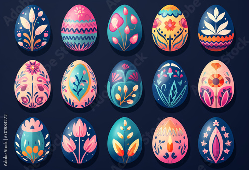 Happy Easter.Set of Easter eggs with different texture on a white background.Spring holiday. Vector Illustration.Happy easter eggs