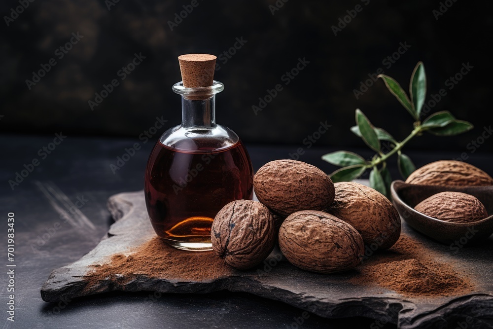 Dark stone background with nutmeg essential oil Dark stone background with nutmeg essential oil