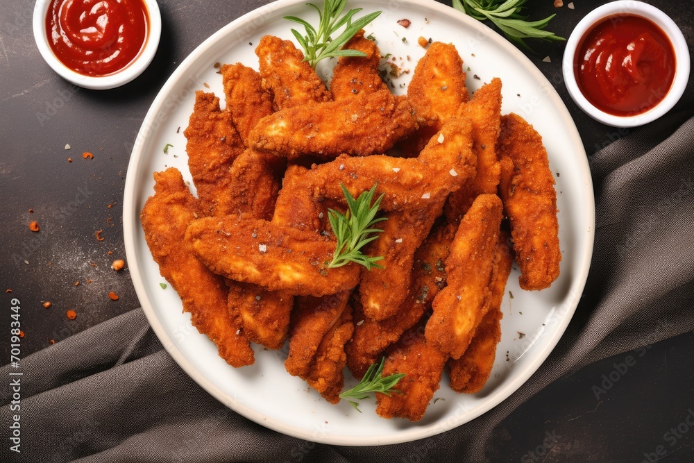 Delicious chicken strips with tomato sauce on plate atop concrete table seen from above Delicious chicken strips with tomato sauce on plate atop concrete table seen from above