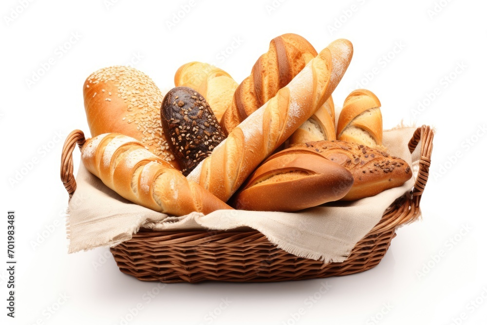 Different types of bread in a rustic basket alone on a white background Including bread rolls baguette sweet bun croissant and bagel