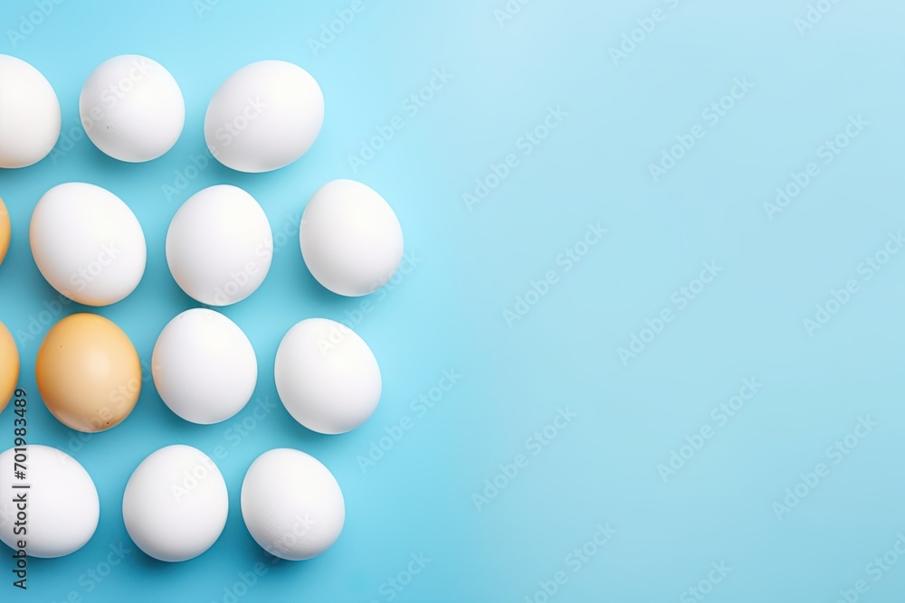Easter themed photo of white eggs yolks and blue backdrop from above Easter themed photo of white eggs yolks and blue backdrop from above