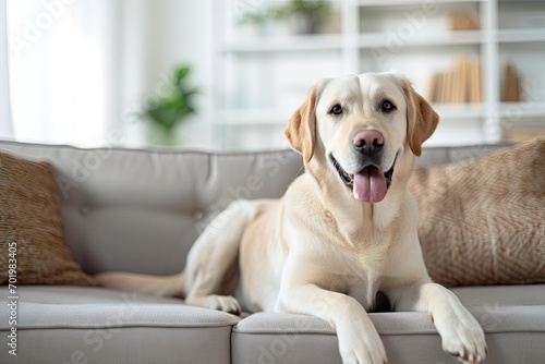 Contemporary living room with adorable Golden Labrador on sofa