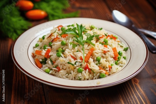Delicious and nutritious rice dish with vegetables on white plate Focus on top view