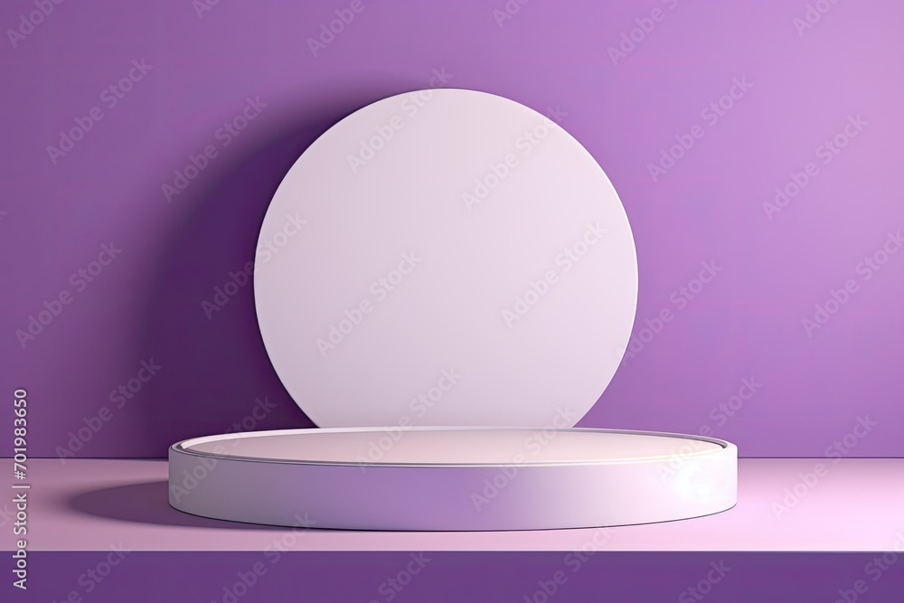 Circle podium mockup in sunlight with shadow on light purple background, copy space. Scene for advertising cosmetics or goods. Circle podium mockup in sunlight with shadow on light purple background, copy space. Scene for advertising cosmetics or goods.