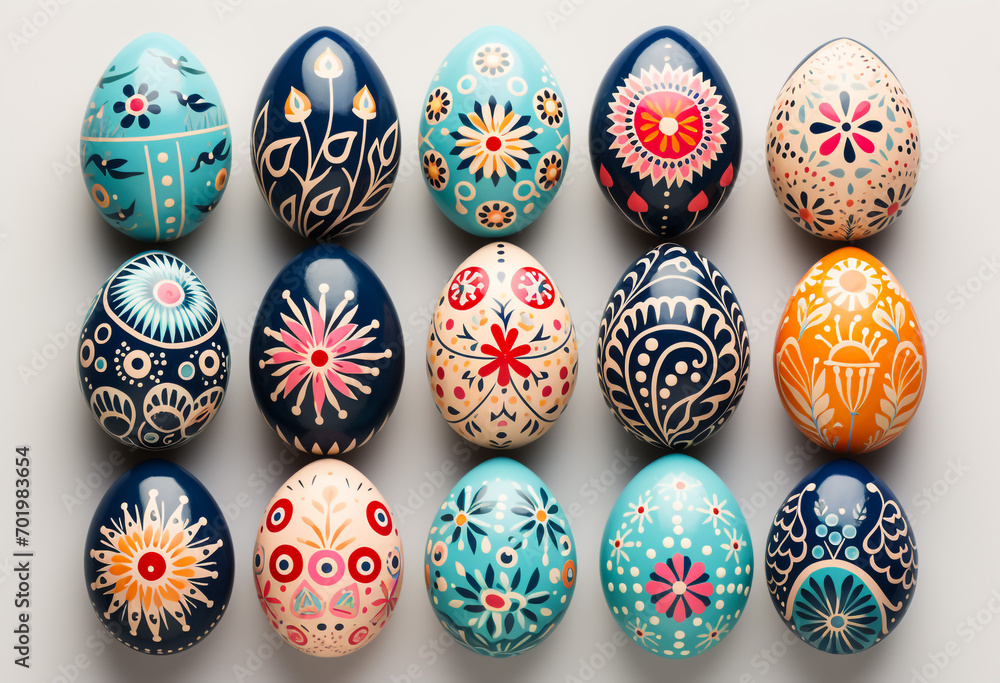 Happy Easter.Set of Easter eggs with different texture on a white background.Spring holiday. Vector Illustration.Happy easter eggs