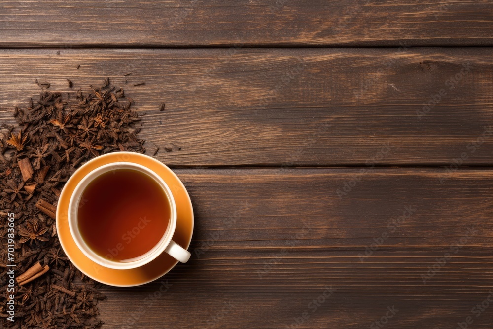 Top view of dry pressed puer tea and hot drink on wooden background with text space. Top view of dry pressed puer tea and hot drink on wooden background with text space.