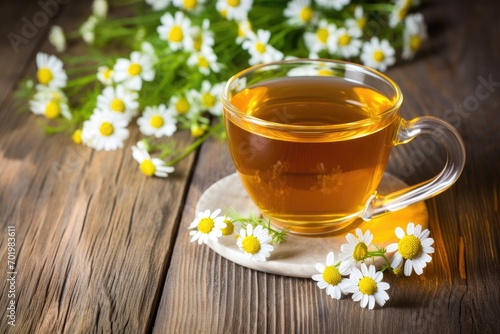 Chamomile flowers atop white wooden planks accompany a cup of tea.