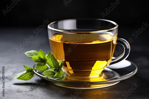 Table with space for text, holding a steaming cup of mint tea.
