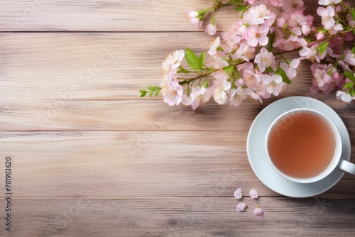 Flower tea and blossoms on a wooden backdrop.