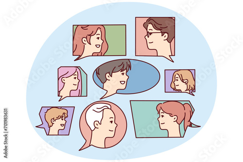 Faces men and women in speech bubbles symbolize public discussion or expression of diverse opinions. Guys and girls participate in brainstorming or mass survey among young people. Flat vector design