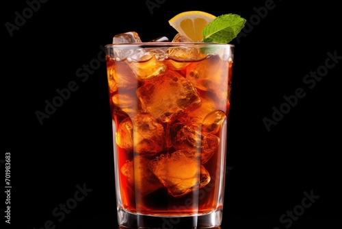 Glass of iced tea with fruit, white background.