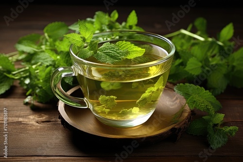 Green Melissa herbal tea served in a glass cup on a wooden background.
