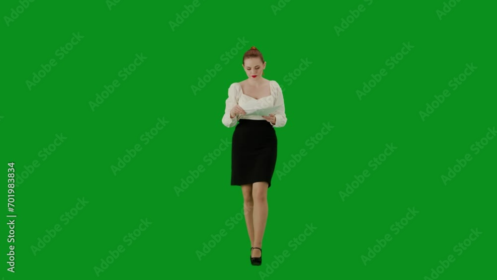 Portrait of attractive office girl on chroma key green screen. Woman in skirt and blouse walking reading paper documents, focused face expression. Portrait of attractive office girl on chroma key green screen. Woman in skirt and blouse walking reading paper documents, focused face expression.