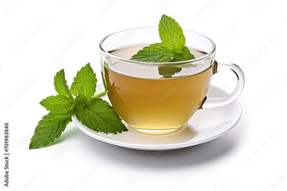 Fresh mint leaves in a cup of tea on a white backdrop. Fresh mint leaves in a cup of tea on a white backdrop.
