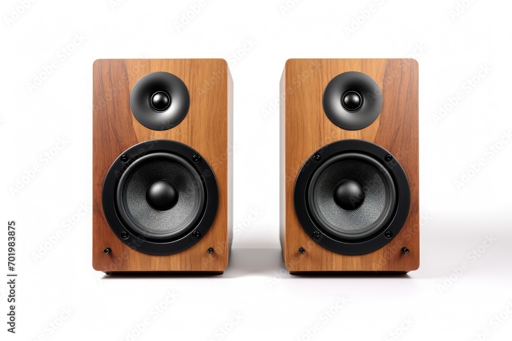 Stereo speakers in a wooden case, isolated on a white background. Stereo speakers in a wooden case, isolated on a white background.
