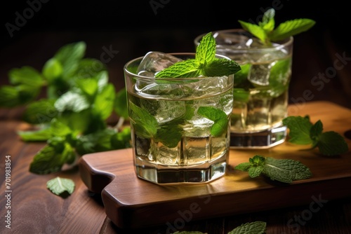 Make peppermint tea with shoots in a glass and a wooden surface nearby. Extract peppermint oil for relaxation in aroma therapy.