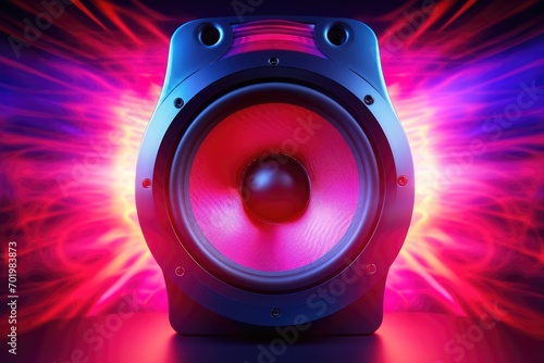 Neon-lit speaker with dynamic monitor. Creative backdrop.