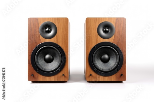 Stereo speakers in a wooden case, isolated on a white background.
