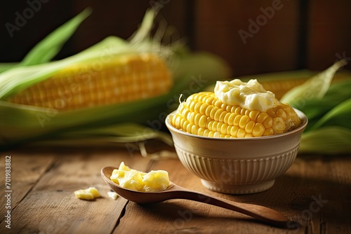 Spoonful of buttered sweet corn in a compostable cup on a wooden surface.
