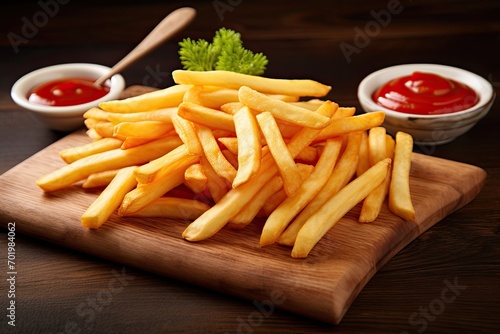 French fries and ketchup on wooden surface