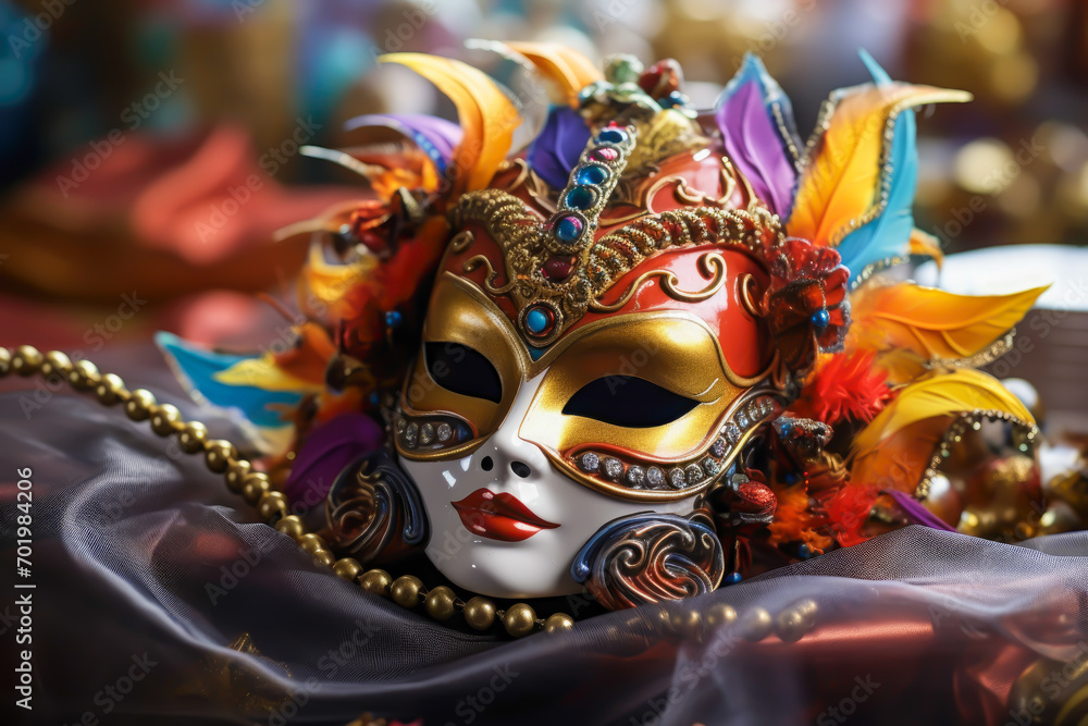 A close-up of a carnival mask resting on a decorative table filled with festive items.
