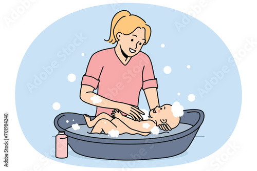 Smiling young mother washing cute baby infant in bath. Happy mom do daily cleaning hygiene procedures for small child. Motherhood and childhood. Vector illustration.