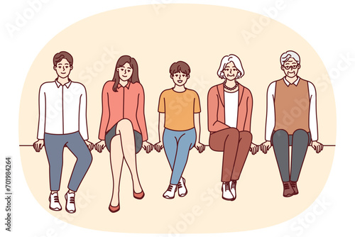 People of different ages dressed in casual style sit in row and look at screen. Young and old men and women from one big family spend time together with smile. Flat vector illustration