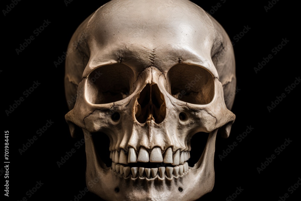 Frontal view of isolated human skull on black background - obrazy, fototapety, plakaty 