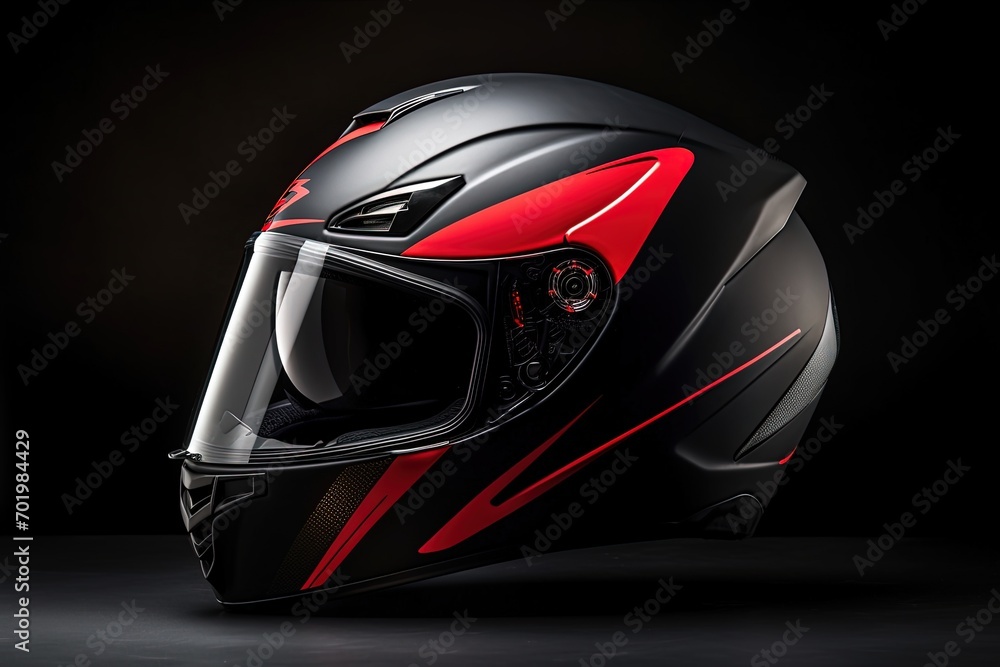 Full face motorbike helmet isolated on white background made of fiberglass Black and red sport touring helmet Modern protective headgear Full face motorbike helmet isolated on white background made of fiberglass Black and red sport touring helmet Modern protective headgear
