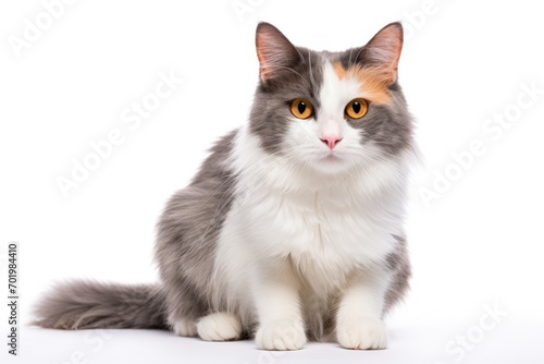 Front facing female cat isolated on white gray orange