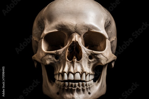 Frontal view of isolated human skull on black background photo