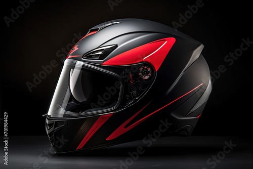 Full face motorbike helmet isolated on white background made of fiberglass Black and red sport touring helmet Modern protective headgear photo