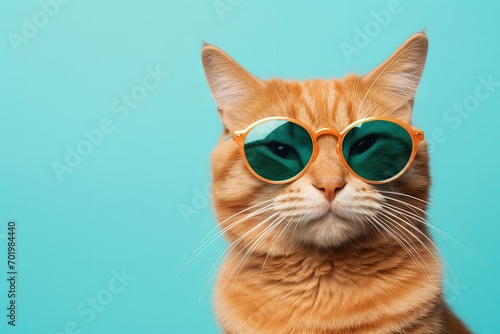 Funny ginger cat wearing sunglasses isolated on light cyan closeup portrait with copyspace