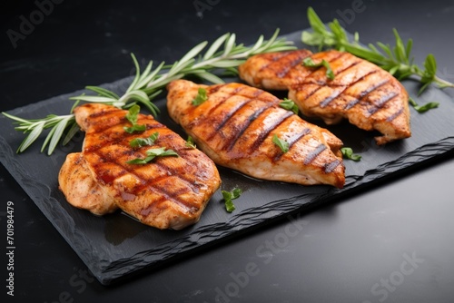 Grilled chicken on stone plate Concrete backdrop