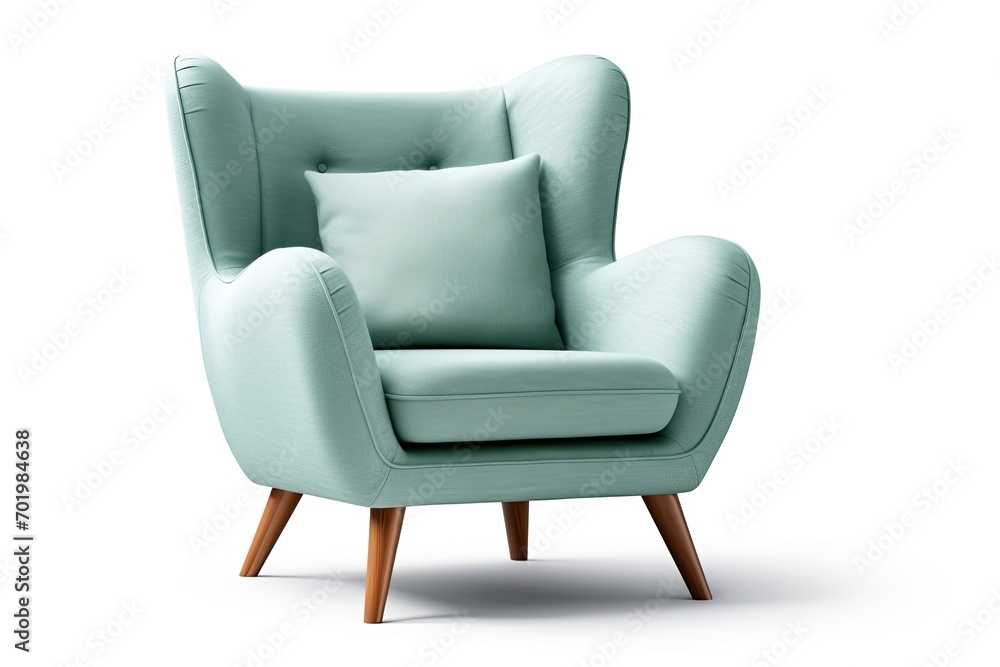 Isolated modern light blue armchair with pillow armrests wooden feet Turquoise sofa set Isolated modern light blue armchair with pillow armrests wooden feet Turquoise sofa set